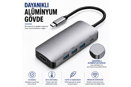 HEPU HP-B17 7-in-1 Type-C USB-C HUB – HDMI + 3x USB 3.0 + SD/TF Kart Okuyucu + Type-C PD Girişli Adaptör