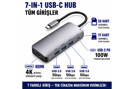 HEPU HP-B17 7-in-1 Type-C USB-C HUB – HDMI + 3x USB 3.0 + SD/TF Kart Okuyucu + Type-C PD Girişli Adaptör