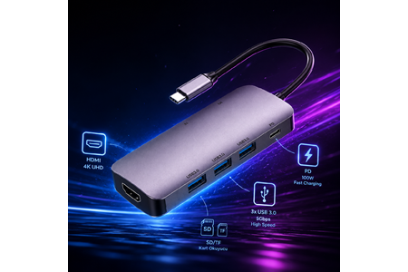 HEPU HP-B17 7-in-1 Type-C USB-C HUB – HDMI + 3x USB 3.0 + SD/TF Kart Okuyucu + Type-C PD Girişli Adaptör