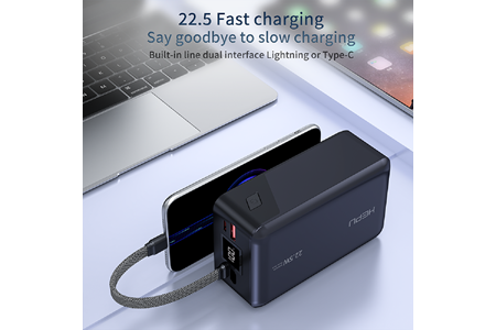 HEPU HP-A07 30.000 mAh 22.5W Hızlı Şarjlı Powerbank – Kendinden Type-C & iOS Kablolu + LED Ekran + 1 to 4 Çoklu Çıkış