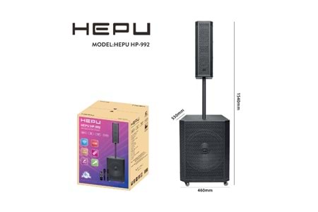 HEPU HP-992 Profesyonel Taşınabilir Ses Sistemi – 15” Subwoofer, 550W Güç, Kablosuz Mikrofonlu