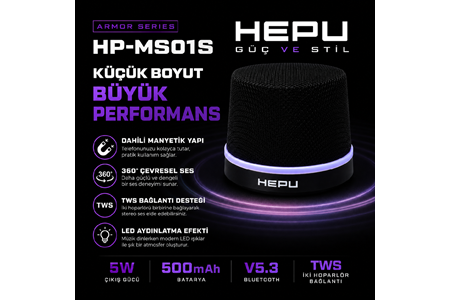 HEPU HP-MS01 Siyah Armor Manyetik Bluetooth Hoparlör – 5W Ses Çıkışı, Bluetooth 5.3, TWS Destekli
