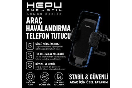 HEPU HP-AA04 Armor Havalandırma Tipi Araç Telefon Tutucu – Otomatik Kilitli, 360° Dönebilen Tasarım