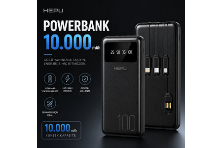 HEPU HP-TP04S Titan Series Powerbank – 10.000 mAh, 4 Entegre Kablolu, Dijital Göstergeli, Hızlı Şarj Destekli, Siyah