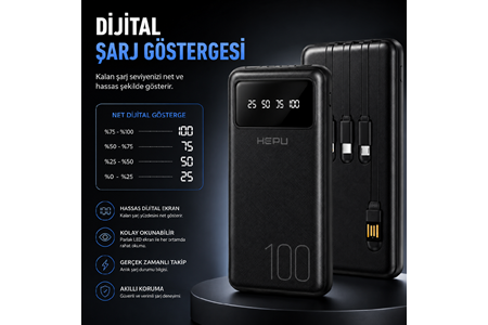 HEPU HP-TP04S Titan Series Powerbank – 10.000 mAh, 4 Entegre Kablolu, Dijital Göstergeli, Hızlı Şarj Destekli, Siyah