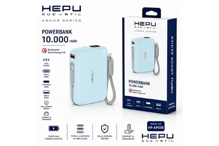 HEPU HP-AP03B Armor Powerbank – 10.000 mAh, Type-C, Lightning ve USB-A Çıkışlı, Hızlı Şarj Destekli