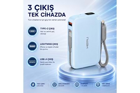 HEPU HP-AP03B Armor Powerbank – 10.000 mAh, Type-C, Lightning ve USB-A Çıkışlı, Hızlı Şarj Destekli