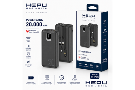 HEPU HP-TP02S Titan Series Powerbank – 20.000 mAh, 4 Entegre Kablolu, Dijital Göstergeli, Hızlı Şarj Destekli, Siyah