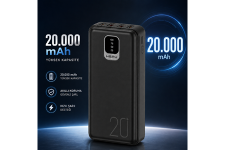 HEPU HP-TP02S Titan Series Powerbank – 20.000 mAh, 4 Entegre Kablolu, Dijital Göstergeli, Hızlı Şarj Destekli, Siyah