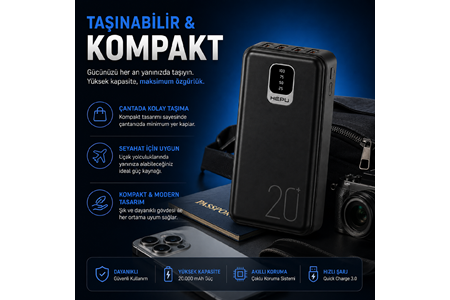 HEPU HP-TP02S Titan Series Powerbank – 20.000 mAh, 4 Entegre Kablolu, Dijital Göstergeli, Hızlı Şarj Destekli, Siyah