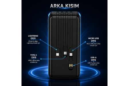 HEPU HP-TP02S Titan Series Powerbank – 20.000 mAh, 4 Entegre Kablolu, Dijital Göstergeli, Hızlı Şarj Destekli, Siyah