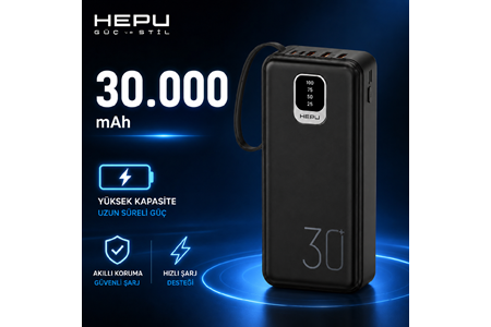 HEPU HP-TP03S Titan Series Powerbank – 30.000 mAh, 4 Entegre Kablolu, Dijital Göstergeli, Hızlı Şarj Destekli, Siyah