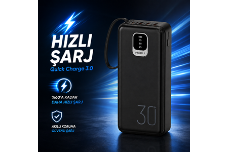 HEPU HP-TP03S Titan Series Powerbank – 30.000 mAh, 4 Entegre Kablolu, Dijital Göstergeli, Hızlı Şarj Destekli, Siyah