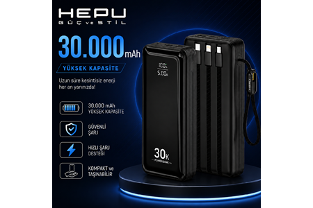 HEPU HP-AP10 Armor Powerbank – 30.000 mAh, Entegre Çoklu Kablolu, Dijital Göstergeli, Hızlı Şarj Destekli