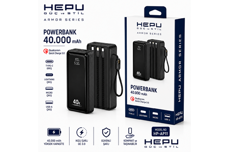 HEPU HP-AP11 Armor Powerbank – 40.000 mAh, Entegre Çoklu Kablolu, Dijital Göstergeli, Hızlı Şarj Destekli