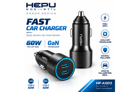HEPU HP-AD03 60W Araç Şarj Cihazı – 2 Port, Hızlı Şarj