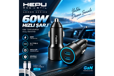 HEPU HP-AD04 60W Araç Şarj Cihazı – 2 Port, Hızlı Şarj, Type-C to Type-C Kablo Dahil