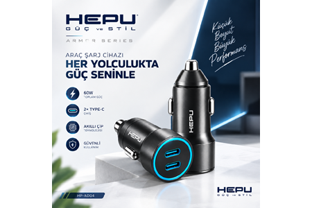 HEPU HP-AD04 60W Araç Şarj Cihazı – 2 Port, Hızlı Şarj, Type-C to Type-C Kablo Dahil