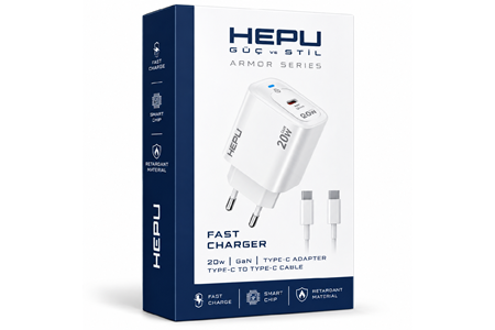 HEPU HP-AC02 20W GaN PD Şarj Adaptörü – Hızlı Şarj, Type-C to Type-C Kablo Dahil