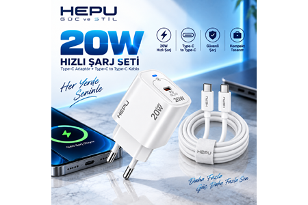 HEPU HP-AC02 20W GaN PD Şarj Adaptörü – Hızlı Şarj, Type-C to Type-C Kablo Dahil