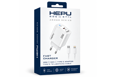 HEPU HP-AC03 20W GaN PD Şarj Adaptörü – Hızlı Şarj, Type-C to Lightning Kablo Dahil