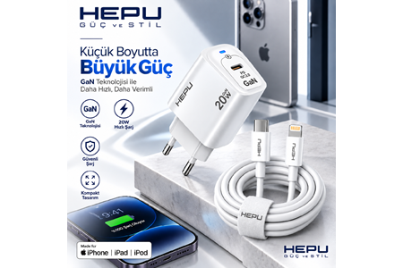 HEPU HP-AC03 20W GaN PD Şarj Adaptörü – Hızlı Şarj, Type-C to Lightning Kablo Dahil
