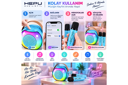 HEPU HP-MS03 5W Kablosuz Karaoke Hoparlör – 2 Mikrofonlu, RGB Işıklı