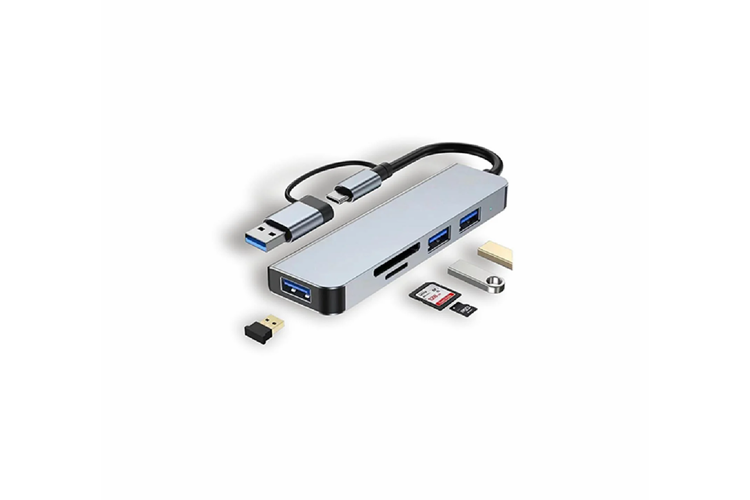 HEPU HP-B07 5-in-1 USB 3.0 HUB – USB-A & Type-C Girişli + Kart Okuyuculu Alüminyum Çoklayıcı