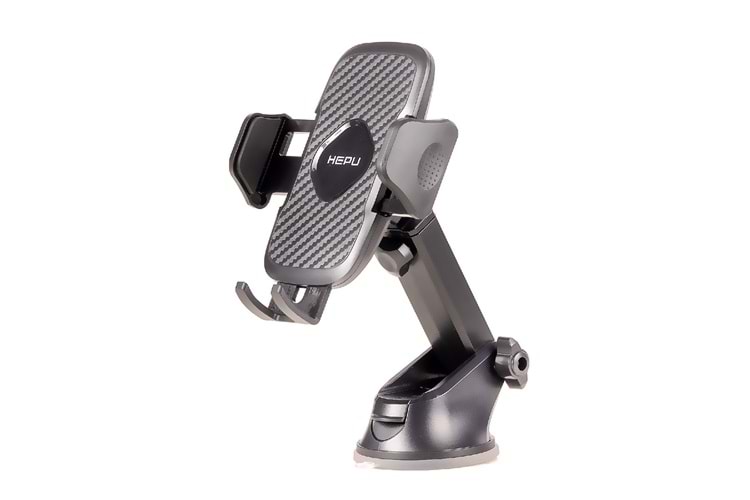 HEPU HP-A21 Uzun Kollu Araç İçi Telefon Tutucu – Karbon Desenli Gövde + Vantuz Taban (Cam & Torpido Uyumlu)