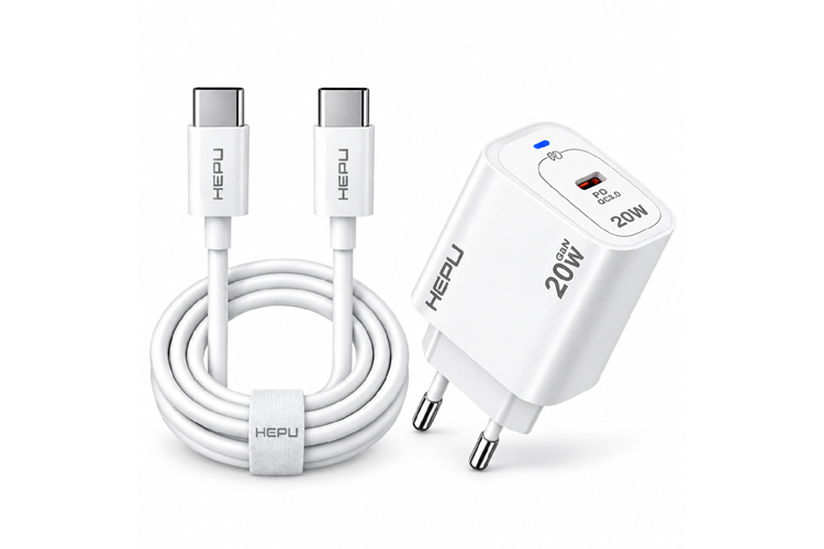 HEPU HP-AC02 20W GaN PD Şarj Adaptörü – Hızlı Şarj, Type-C to Type-C Kablo Dahil