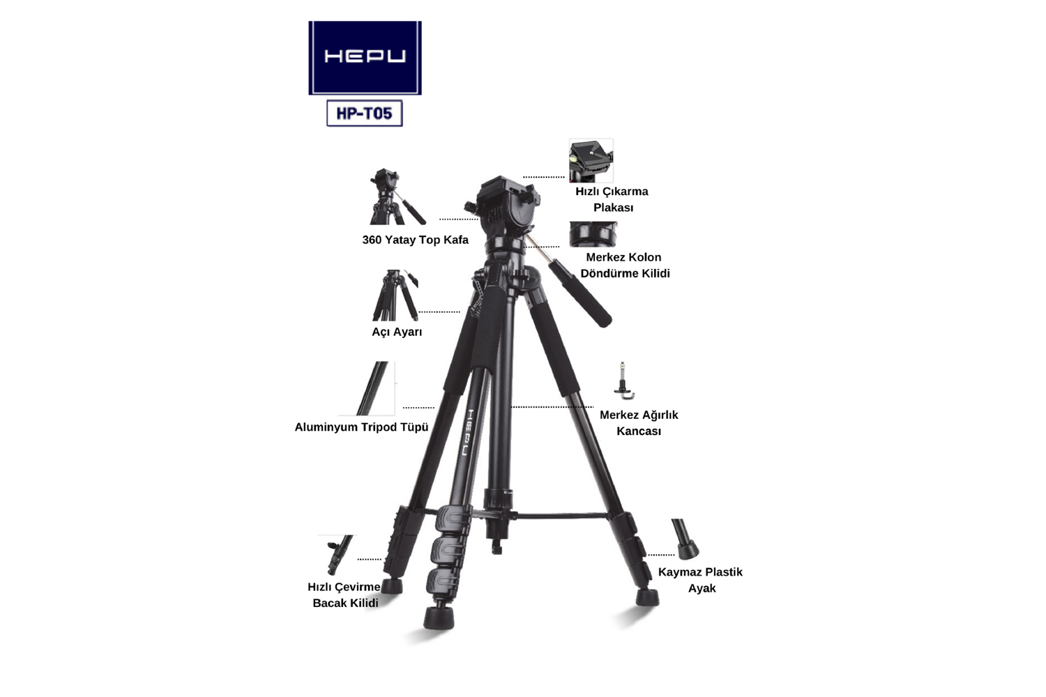 HEPU HP-T05 Profesyonel Tripod – 210 cm | 360° Pan Kafa | Alüminyum Gövde