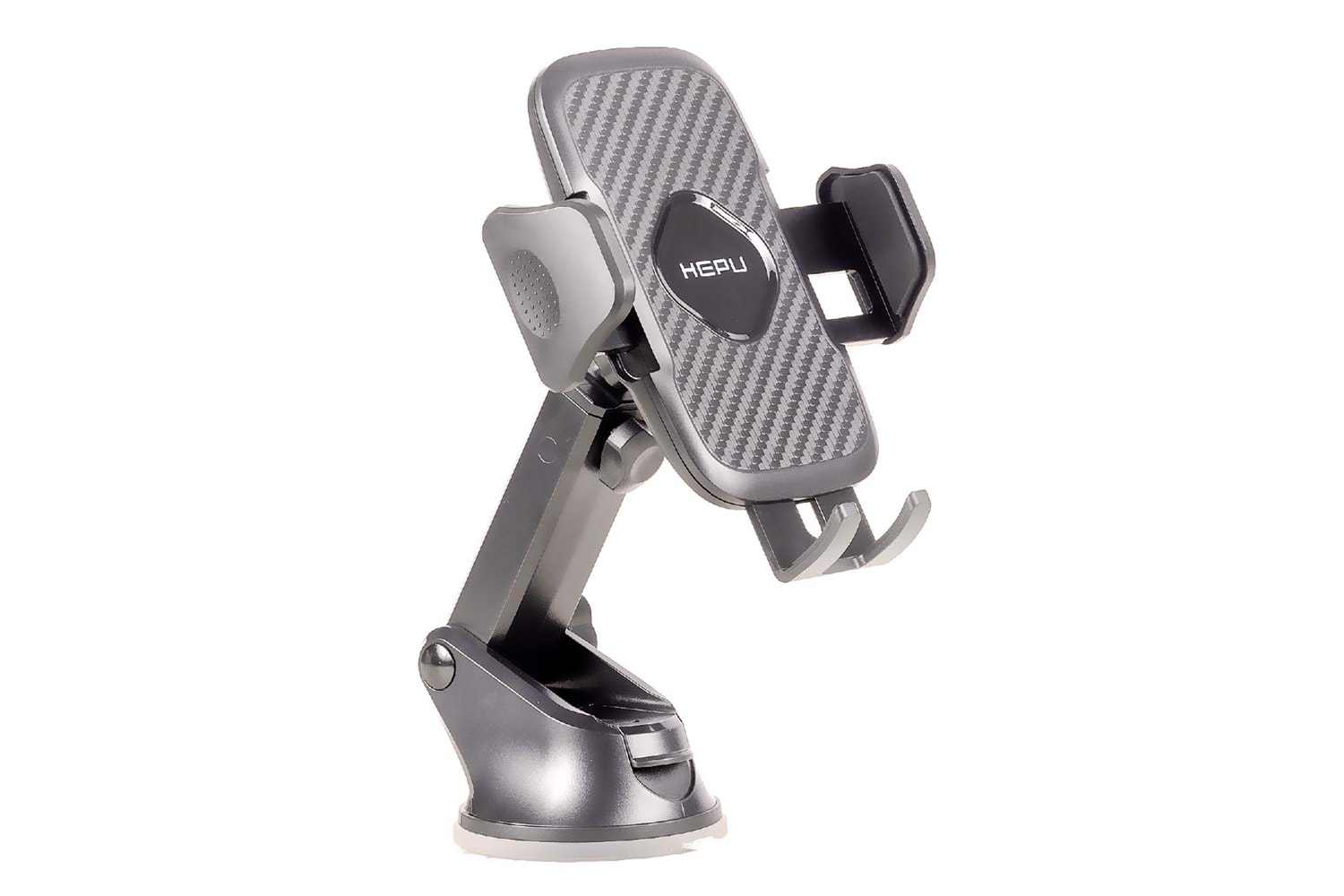 HEPU HP-A21 Uzun Kollu Araç İçi Telefon Tutucu – Karbon Desenli Gövde + Vantuz Taban (Cam & Torpido Uyumlu)
