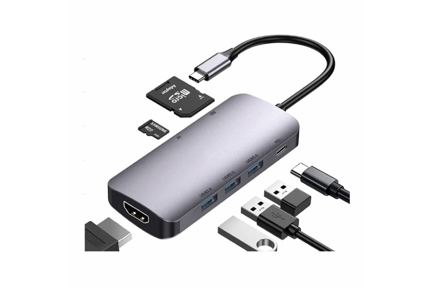 HEPU HP-B17 7-in-1 Type-C USB-C HUB – HDMI + 3x USB 3.0 + SD/TF Kart Okuyucu + Type-C PD Girişli Adaptör