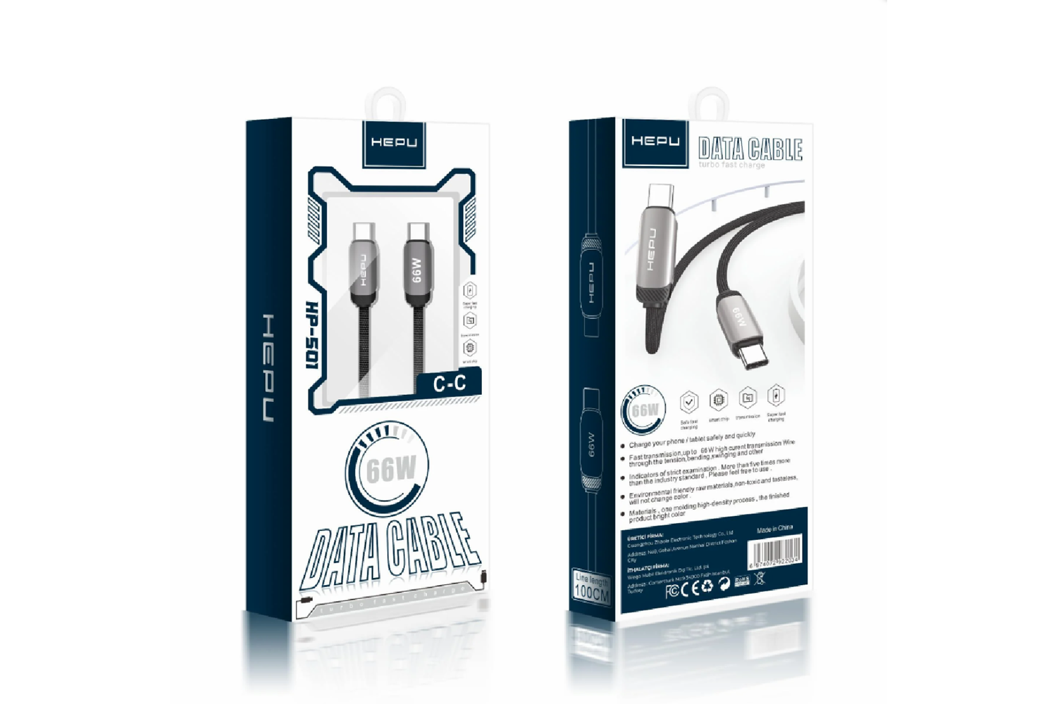 HEPU HP-501 Type-C to Type-C Kablo – 66W Turbo Hızlı Şarj, 1 Metre