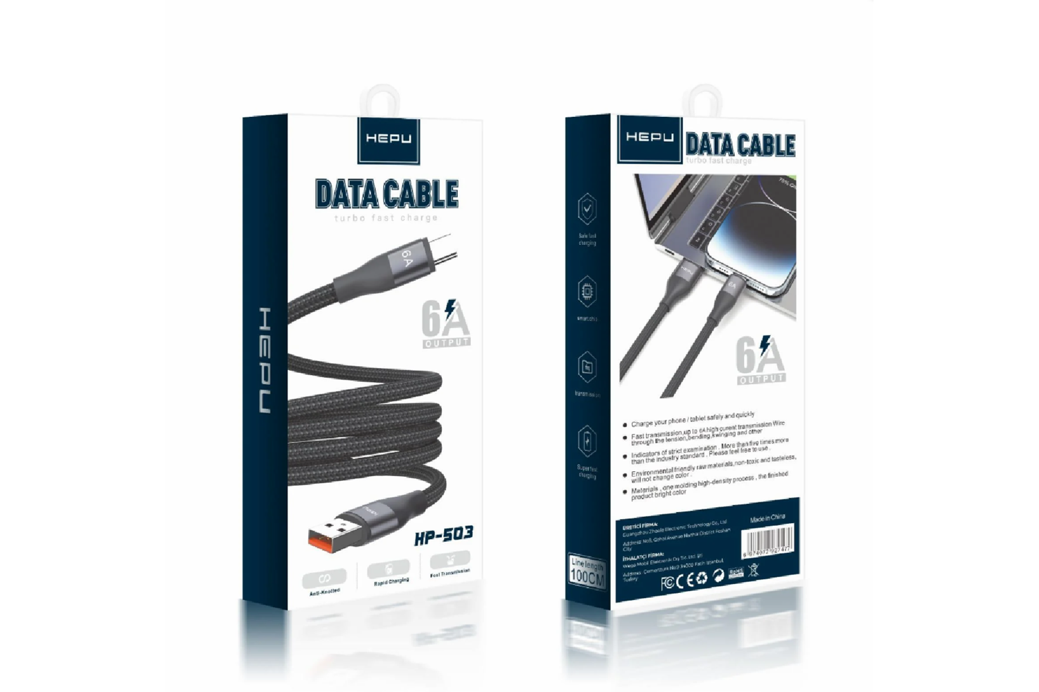 HEPU HP-503 Type-C to Type-C Kablo – 6A Hızlı Şarj, Örgülü Dayanıklı Tasarım (1 Metre)