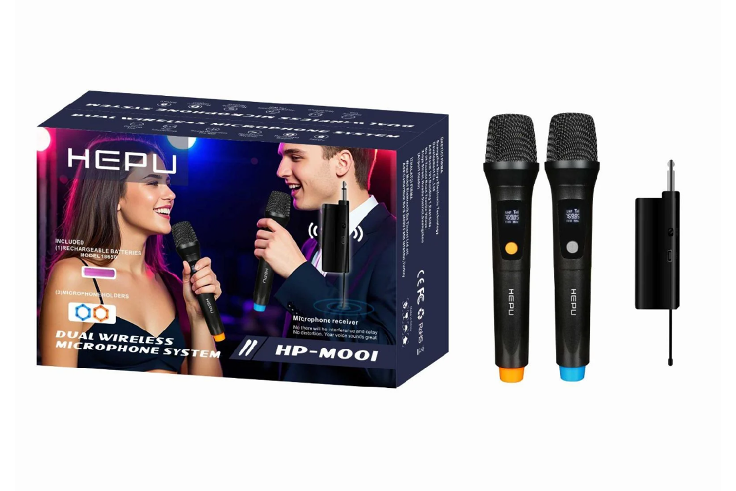 HEPU HP-M001 Çiftli Kablosuz Mikrofon Sistemi – Dijital Ekranlı, Gecikmesiz Ses Aktarımı, Şarjlı Alıcı ile Pratik Kurulum