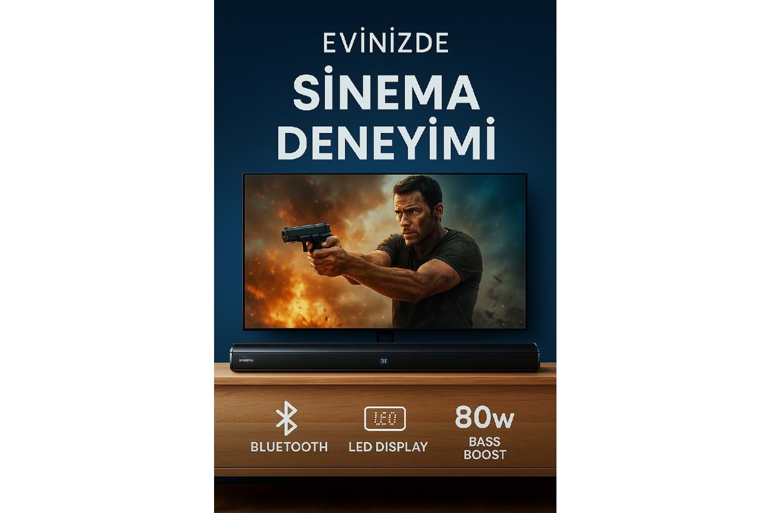 HEPU HP-TV05 – 80W Güçlü Bluetooth Soundbar (LED Display, AUX/USB/TF, HD(ARC), Kumandalı)