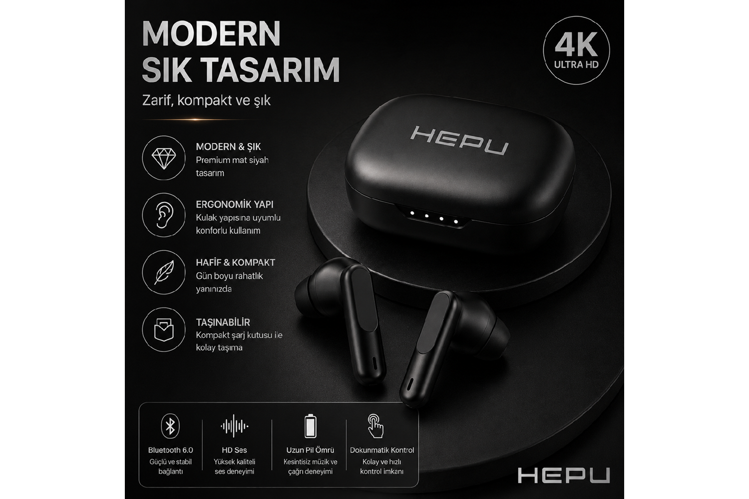 HEPU HP-AB02S Kablosuz Bluetooth Kulaklık – HD Ses, Smart Touch, Bluetooth 6.0