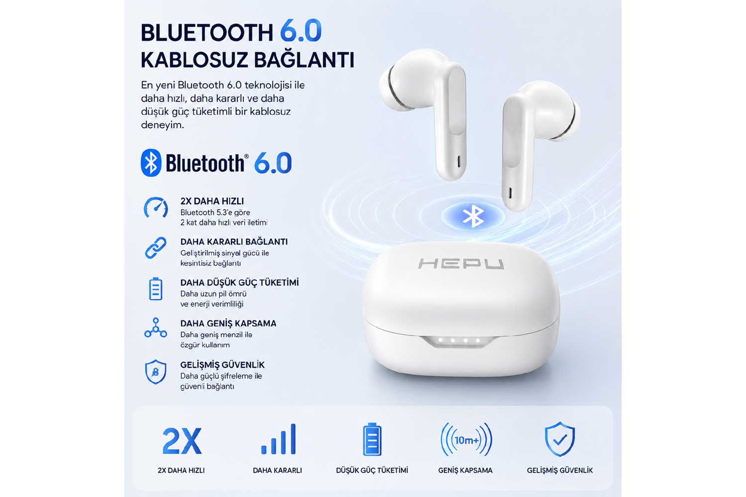 HEPU HP-AB02 Kablosuz Bluetooth Kulaklık – HD Ses, Smart Touch, Bluetooth 6.0