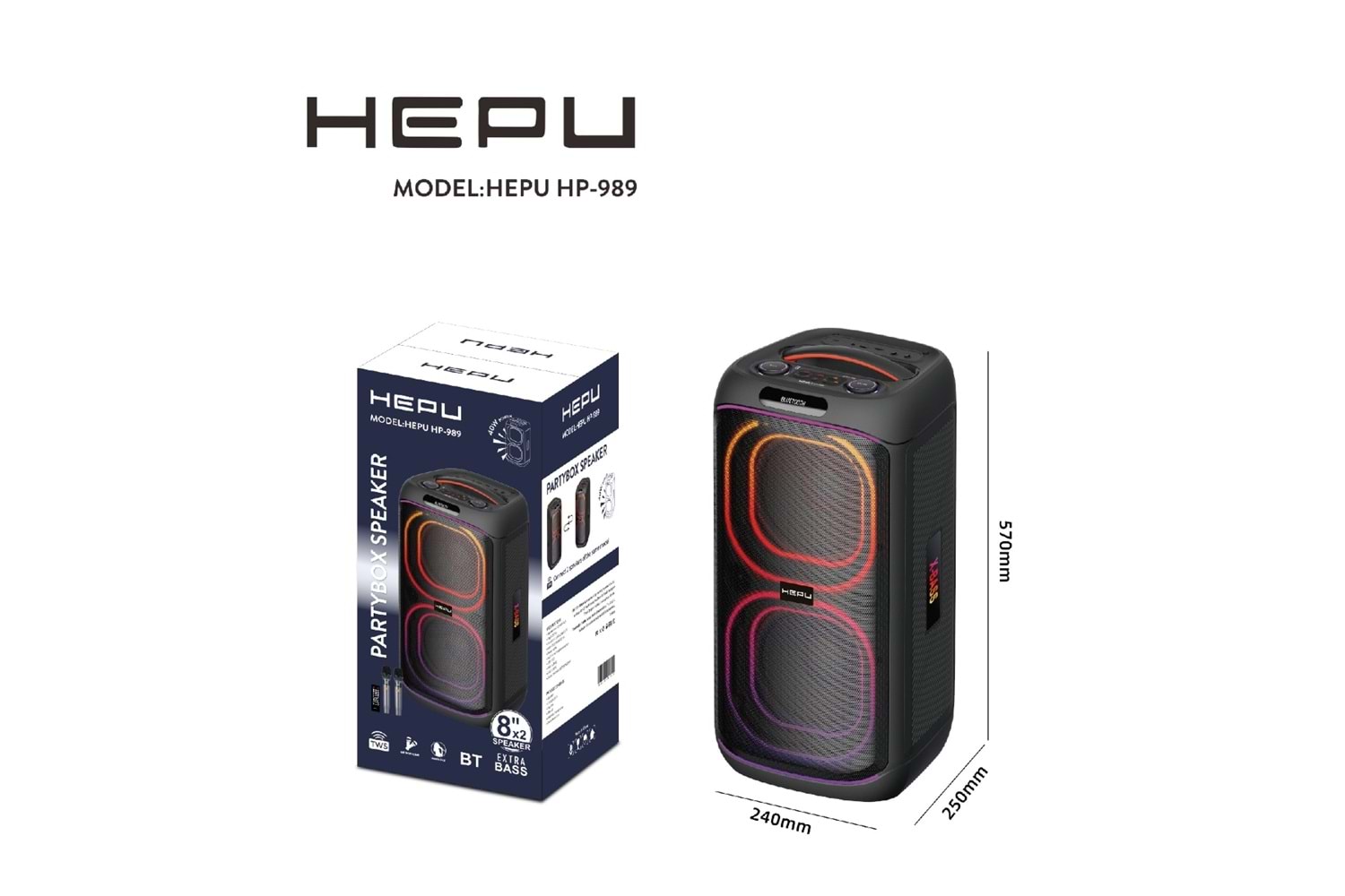 HEPU HP-989 Partybox Bluetooth Hoparlör – 2×8” Hoparlör, 40W Güç, RGB Işık, TWS Destekli