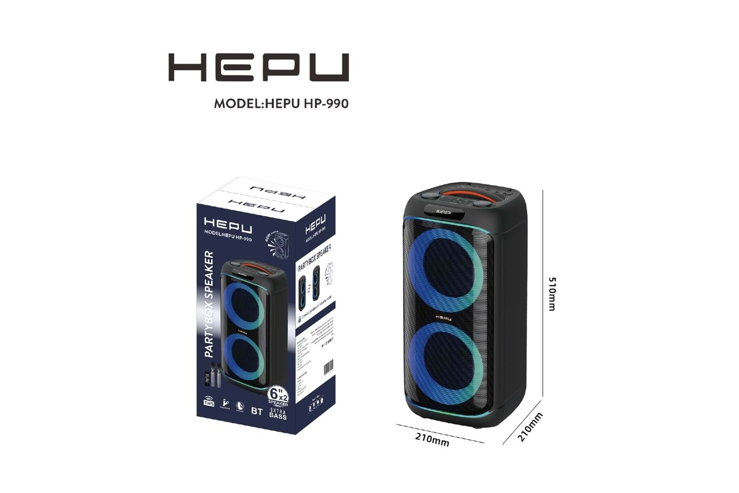 HEPU HP-990 Partybox Bluetooth Hoparlör – 2×6” Hoparlör, 40W Güç, RGB Işık, TWS Destekli