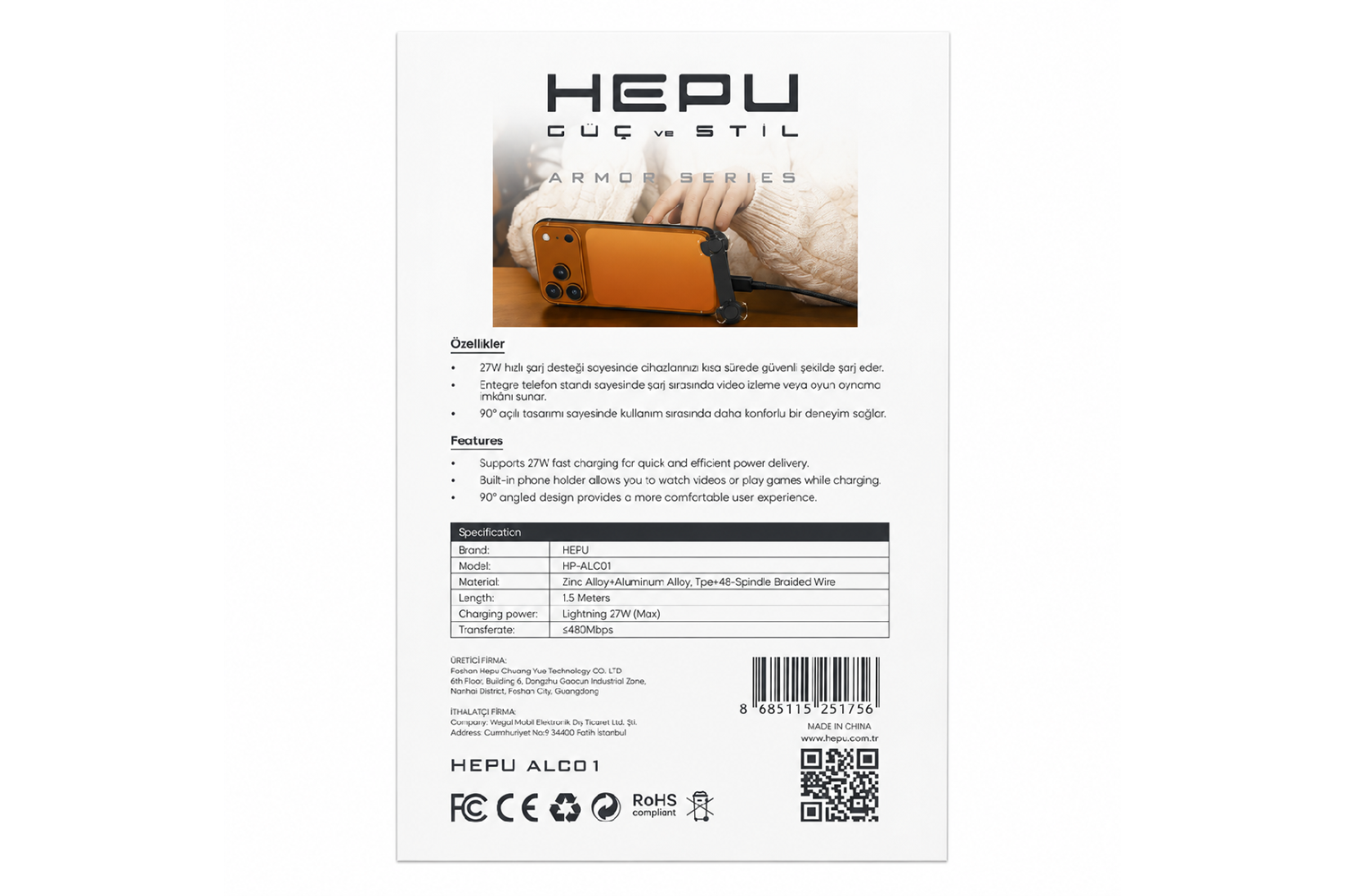 HEPU HP-ALC01 Armor Type-C to Lightning Hızlı Şarj Kablosu – 27W PD, Telefon Standlı Tasarım (1.5 Metre)