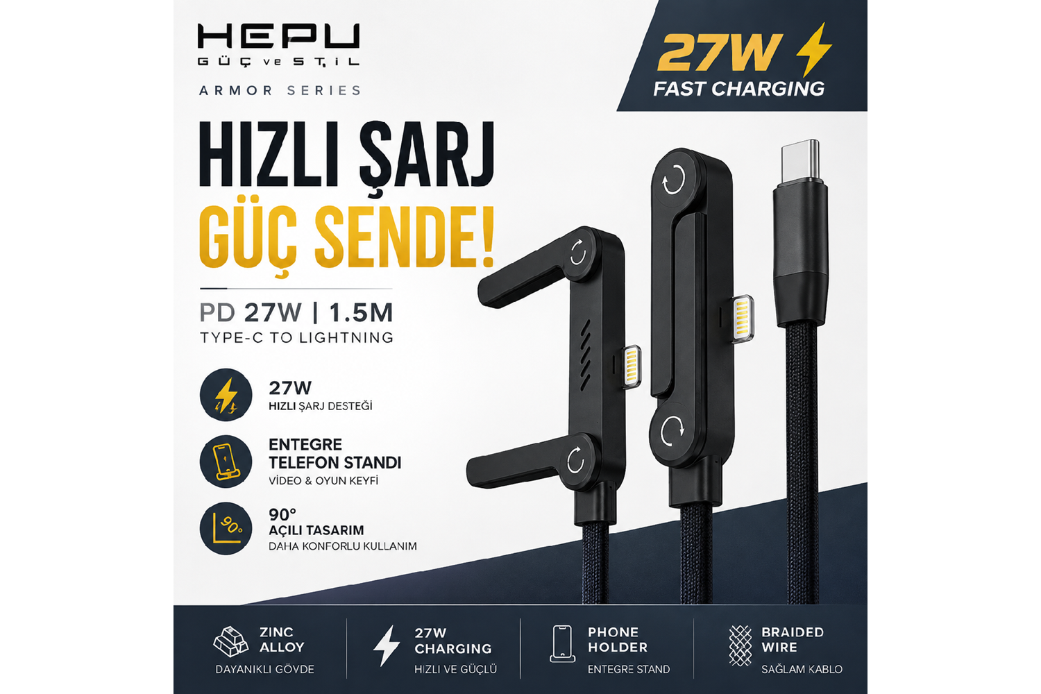 HEPU HP-ALC01 Armor Type-C to Lightning Hızlı Şarj Kablosu – 27W PD, Telefon Standlı Tasarım (1.5 Metre)