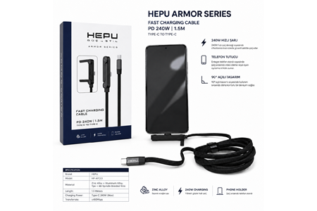HEPU HP-ATC01 Armor Type-C to Type-C Hızlı Şarj Kablosu – 240W PD, Telefon Standlı Tasarım (1.5 Metre)