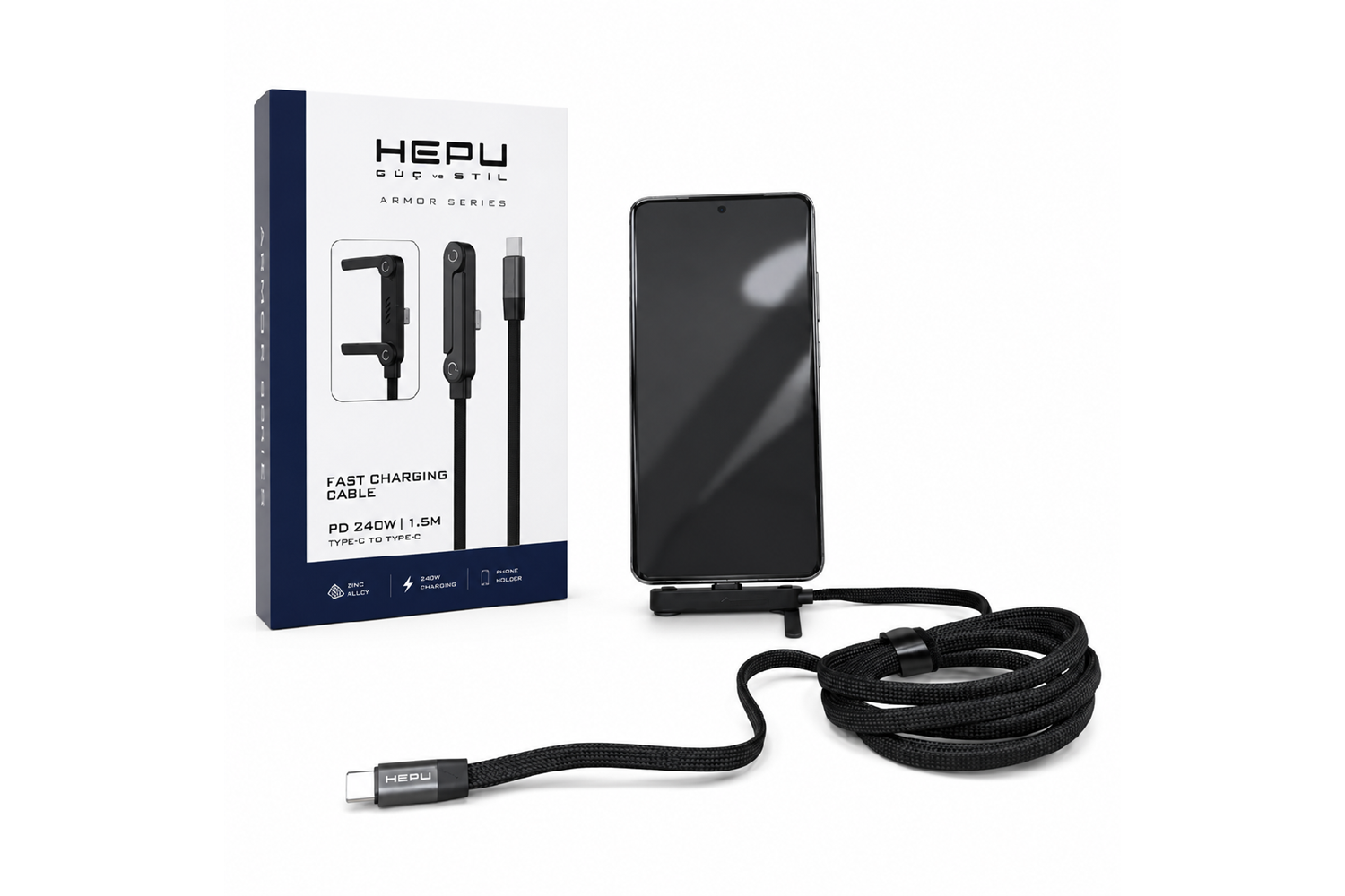 HEPU HP-ATC01 Armor Type-C to Type-C Hızlı Şarj Kablosu – 240W PD, Telefon Standlı Tasarım (1.5 Metre)