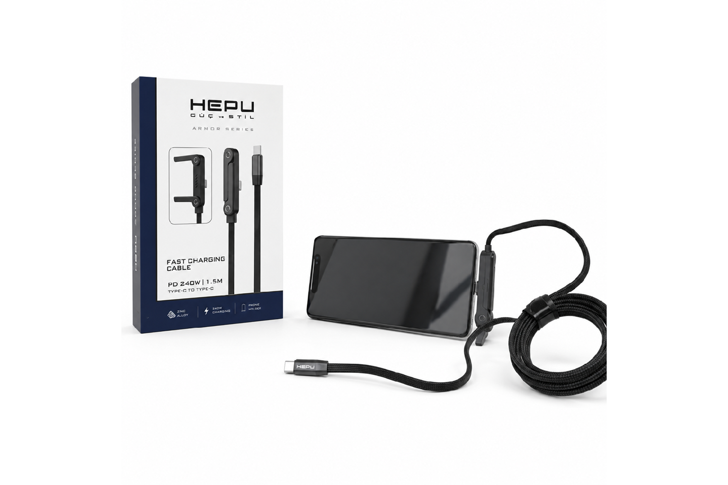 HEPU HP-ATC01 Armor Type-C to Type-C Hızlı Şarj Kablosu – 240W PD, Telefon Standlı Tasarım (1.5 Metre)