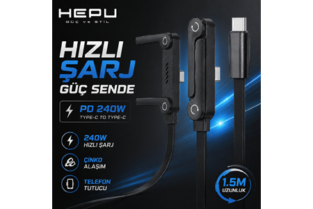 HEPU HP-ATC01 Armor Type-C to Type-C Hızlı Şarj Kablosu – 240W PD, Telefon Standlı Tasarım (1.5 Metre)