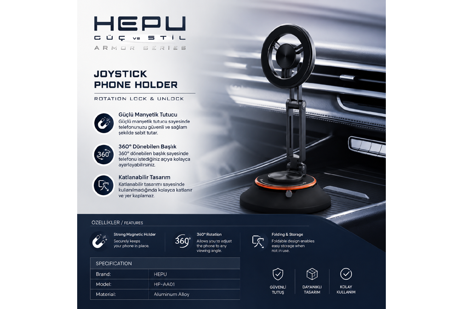 HEPU HP-AA01 Manyetik Araç İçi Telefon Tutucu – 360° Dönebilen, Katlanabilir Alüminyum Gövde