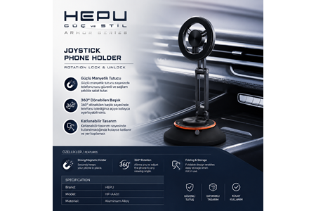 HEPU HP-AA01 Manyetik Araç İçi Telefon Tutucu – 360° Dönebilen, Katlanabilir Alüminyum Gövde
