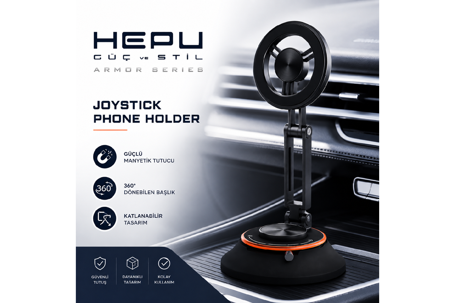 HEPU HP-AA01 Manyetik Araç İçi Telefon Tutucu – 360° Dönebilen, Katlanabilir Alüminyum Gövde